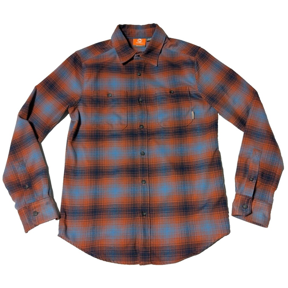 MERRELL SELECTWICK FLANNEL Burnt Orange Plaid Long Sleeve Button Shirt Men Small